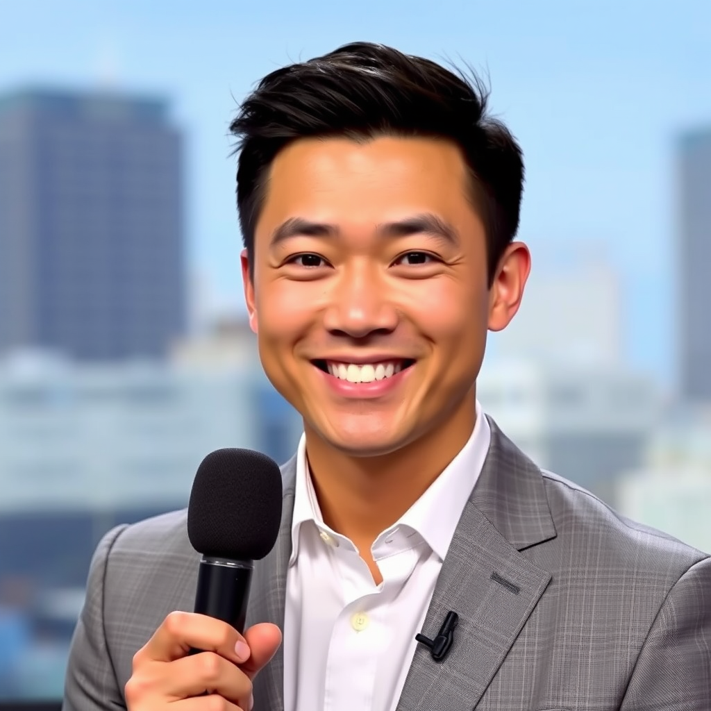 Photo style, handsome Asian man, news anchor, gray suit, short hair, smiling, showing teeth, holding microphone, facing the camera. - Image