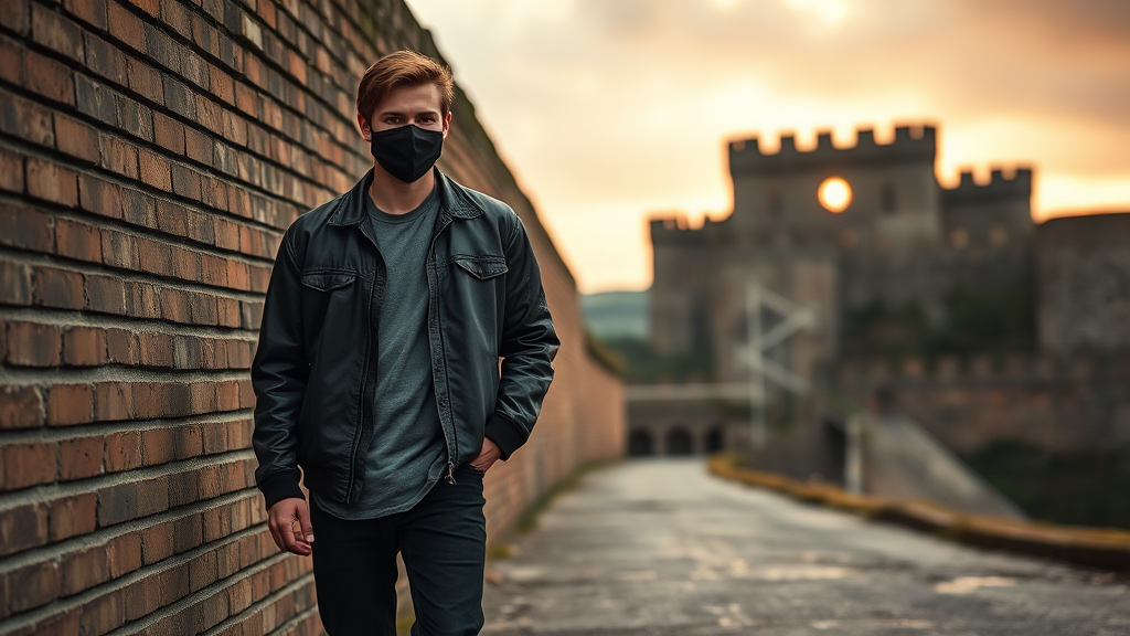 Jamie Dornan, youngest, college jacket, jeans, black face mask, tallest, fit tough body, dating, with the biggest black hijab Muslim girl, beautiful eyes, face mask black, black leather jacket, longest biggest skirt, red sneakers, not tall enough girl, standing at a brick wall, abandoned castle, gloomy, sunrise, holding his arm, realistic, photorealistic, DSLR effects, HD effects, street photography. - Image