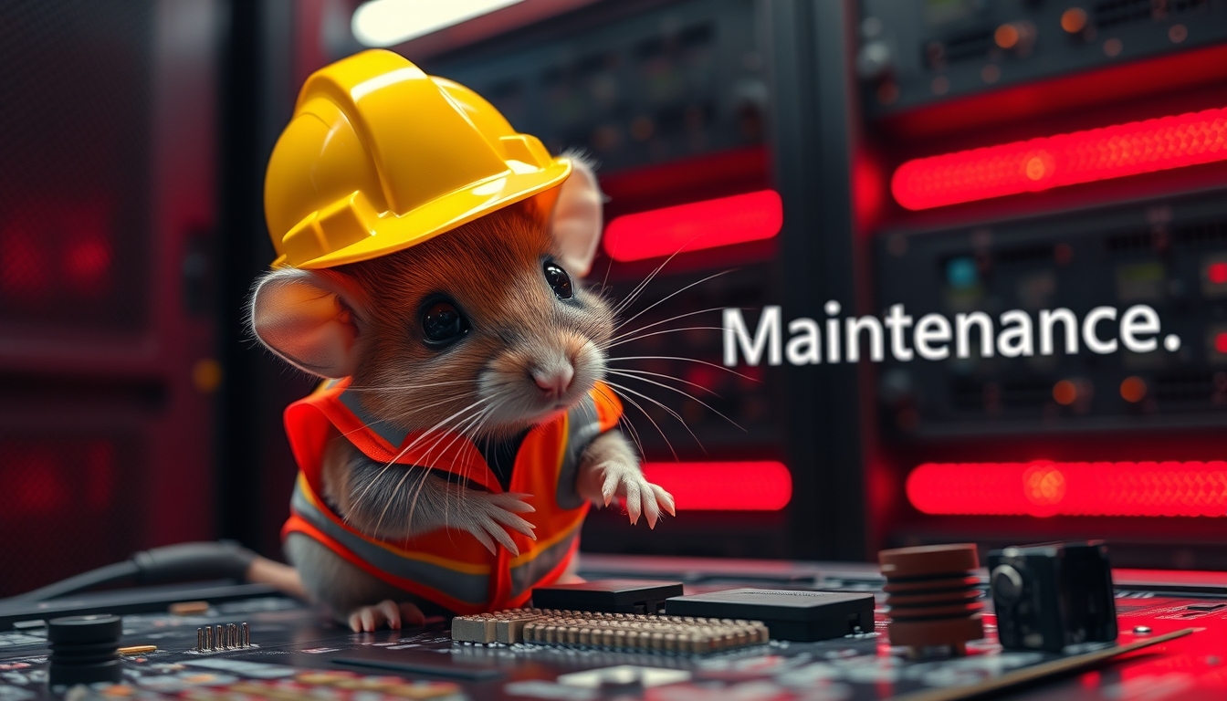 A small mouse with a hard hat and high-visibility vest is repairing a circuit board. The mouse has a serious look in his eyes. The background shows a server room with red emergency lighting only, featuring red ambient lighting and emergency lighting. (Text in the background says "Maintenance.")