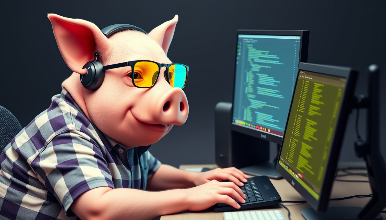 A tech-savvy pig coder, wearing yellow-tinted glasses and sleek noise-canceling headphones, hunches over a cutting-edge multi-monitor setup. The anthropomorphic pig exudes focus, typing furiously. He is wearing a plaid t-shirt.