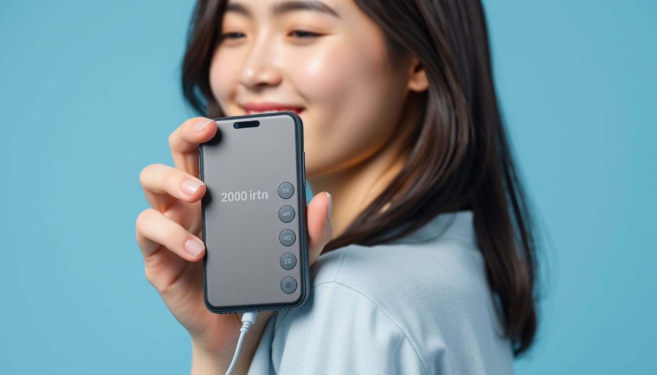 A young Chinese woman wearing light blue is holding an iPhone with the power bank on it, which has four buttons and says "2000 iron", and she smiles at me from behind her back. The background color of the photo should be a pure sky blue. This picture was taken in the style of Nikon camera for product photography.