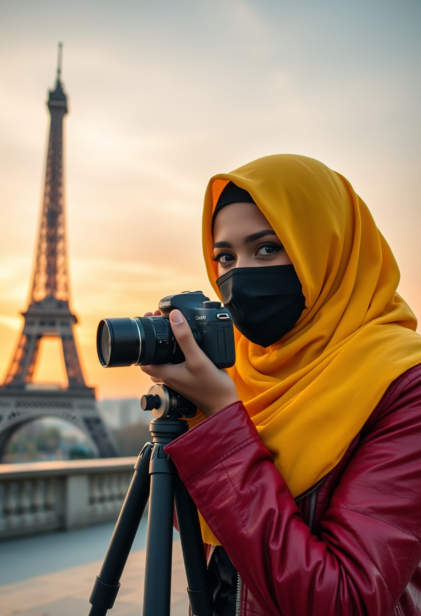 Biggest hijab yellow Muslim girl, beautiful eyes, face mask black, red leather jacket, black biggest skirt, camera DSLR CANON, tripod, taking photo Eiffel Tower, sunrise, morning scenery, Eiffel Tower, hyper realistic, street photography.