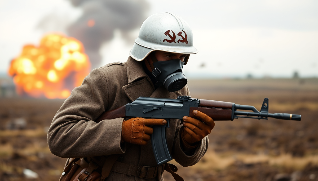 Generate a soldier with a silver helmet, featuring the Soviet hammer and sickle logo on the helmet, wearing a gas mask, a long coat, a leather belt, leather gloves, and leather boots, holding an AK-47 automatic rifle, standing on a battlefield, with an explosion in the background. - Image