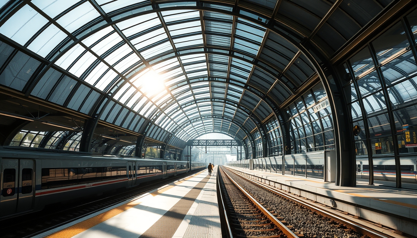 A futuristic train station with glass ceilings and walls, sunlight streaming in.