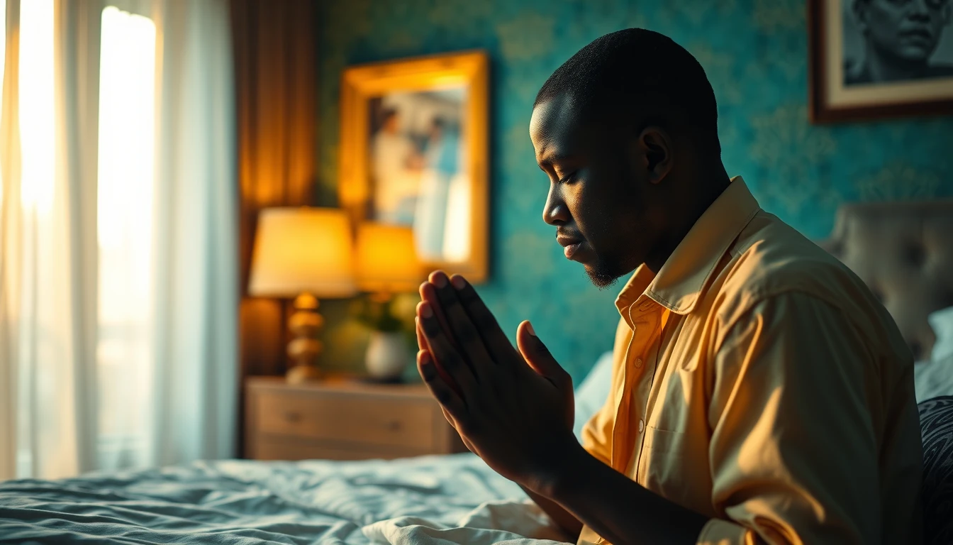 portrait | shot from the side, Rwandan man praying beside the bed, | glowing ::8 background | fancy apartment, vivid, blue, green, orange ::7 parameters | rule of thirds, golden ratio, photorealism, cinematic realism, 8k ::7