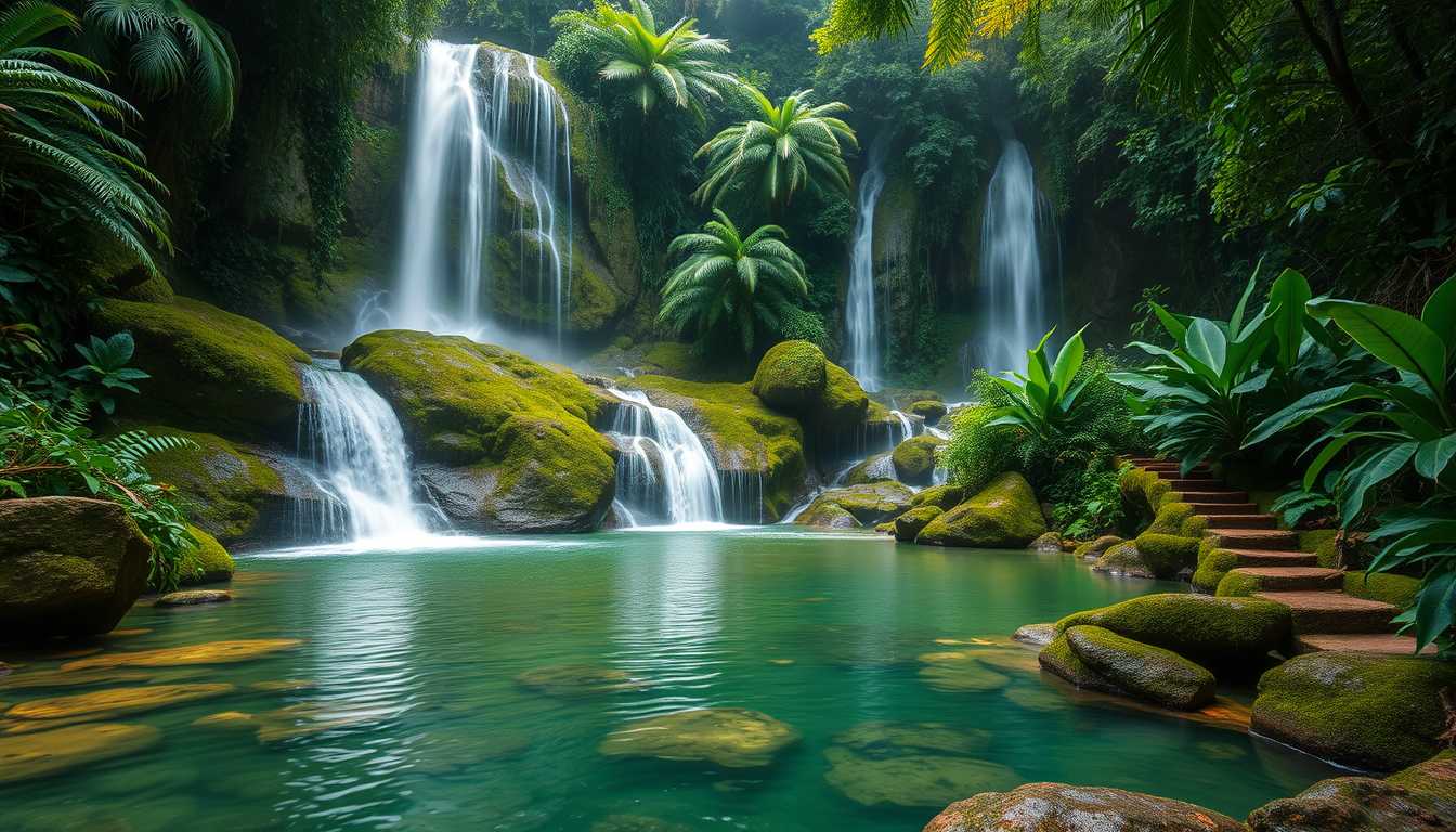 waterfall, cascading, clear water, lush greenery, high quality, photorealistic, hidden oasis, serene, rainforest, breathtaking, secluded::0.8 moss-covered rocks, tropical plants, natural pools, jungle trails, mist,