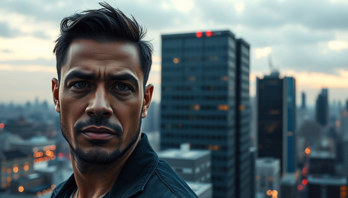 Ultra realistic photography portrait of a man on a building rooftop with a city skyline, 8K cinematic, post-processing, super-resolution, intricate details.