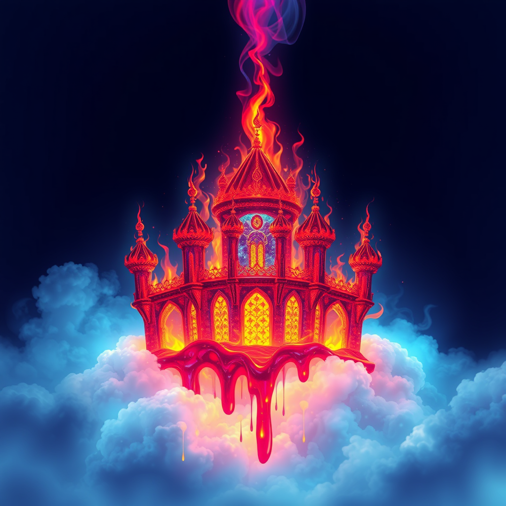 A tee shirt design of a beautiful liquid rainbow light kingdom in the clouds on fire with beautiful liquid red ruby dripping with flames. The kingdom has subtle rainbow light embers burning inside. Inside of the kingdom should be reminiscent of beautiful galaxies perfectly blended with chaos. Striking and otherworldly on a transparent background, the flames should have an outline of a beautiful blue ethereal glow.