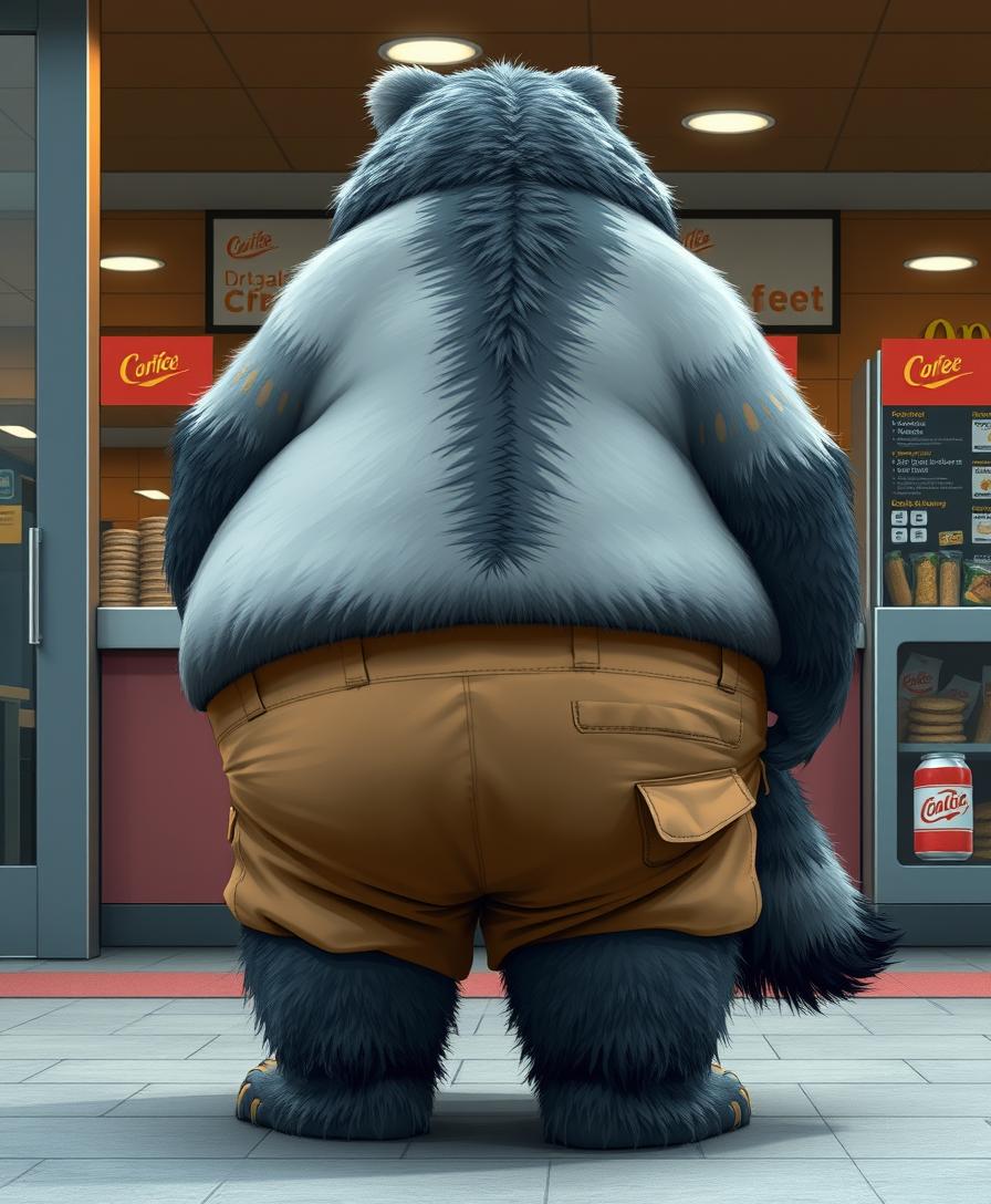 Quarter view, anthropomorphic obese gray bear wolf hybrid, blended features. Gray and black fur with tan and white fur markings. He has a heavyset body. Wide fat bottom. Fat wide double chins. Tan obese big fat baggy cargo pants. Obese double belly overflowing. Wide waist. Thick tail. Full body. Uncropped. Fluffy fur. Ordering food from a fast food restaurant. Digital art, semi-realistic. - Image