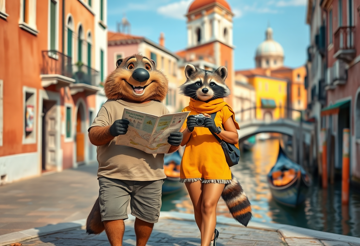 Create a charming scene where a beaver guy dressed in shorts and a t-shirt and a raccoon girl, dressed as tourists, are both smiling, casually strolling through the picturesque streets of Venice. The beaver should hold a map, eagerly pointing out landmarks, and the raccoon should carry a small camera, filming their adventures. The duo should look cheerful and curious, enjoying their whimsical journey together. Surround them with iconic Venetian elements such as gondolas, ancient bridges, and charming canals. The vibrant colors of the historic buildings should complement the lively atmosphere. This photo should evoke a sense of wonder, camaraderie, and playful exploration in one of the most beautiful cities in the world. Photorealism. - Image