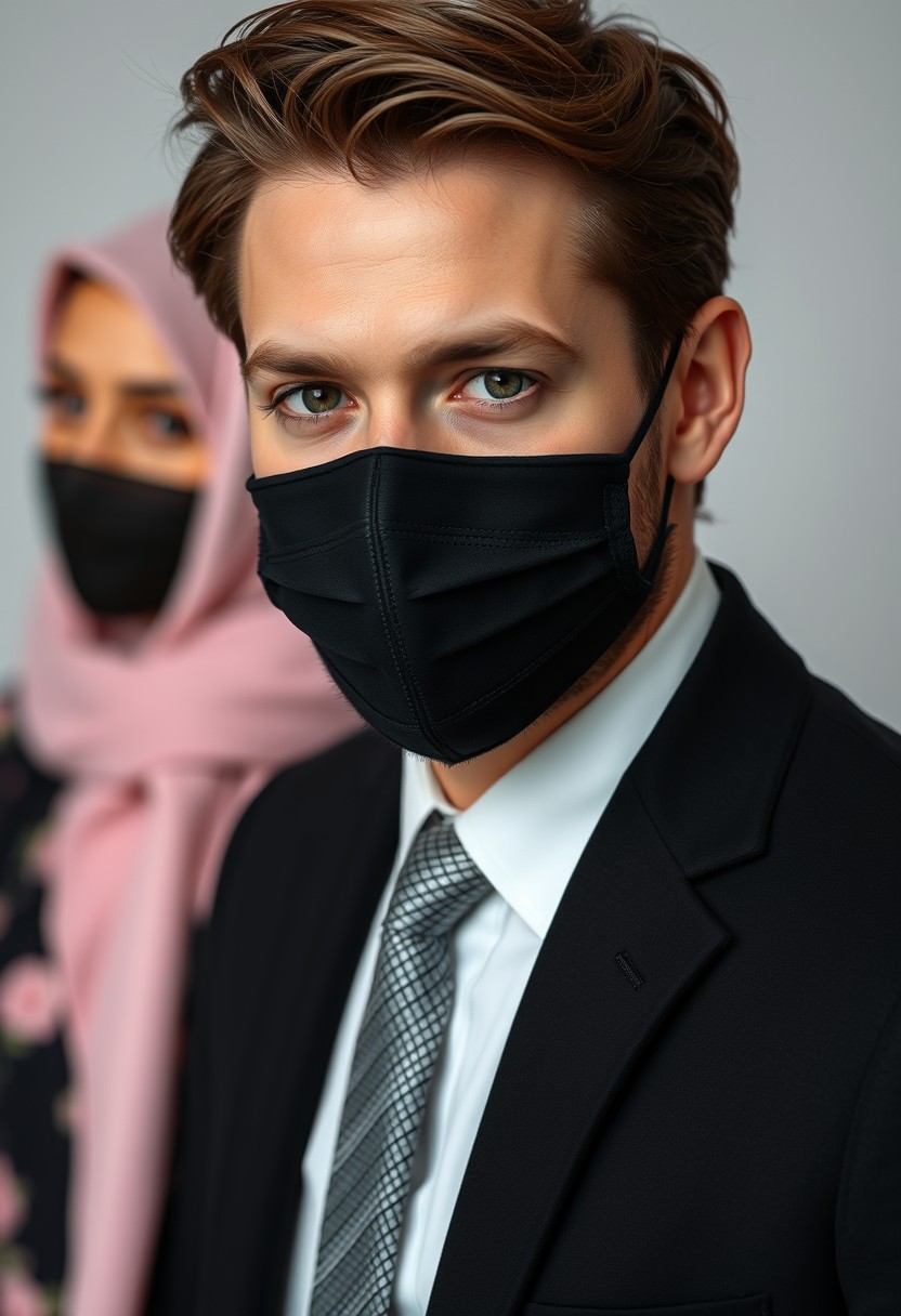 Jamie Dornan's head and body shot, handsome, young, face mask black, white shirt half buttoned, grey patterned tie, black suit coat, dating love with the biggest soft pink hijab girl, beautiful eyes, face mask black, biggest floral dress, hyper realistic, studio photography.