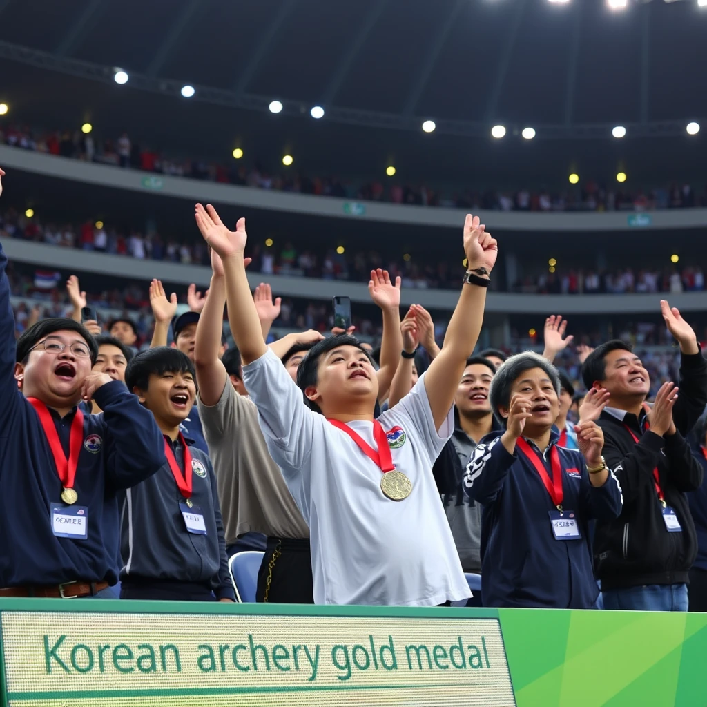 Cheering people in an Olympic stadium, Koreans blowing flutes, Americans dancing, Africans screaming, Chinese clapping, and the words "Korean archery gold medal" on an electronic board. - Image