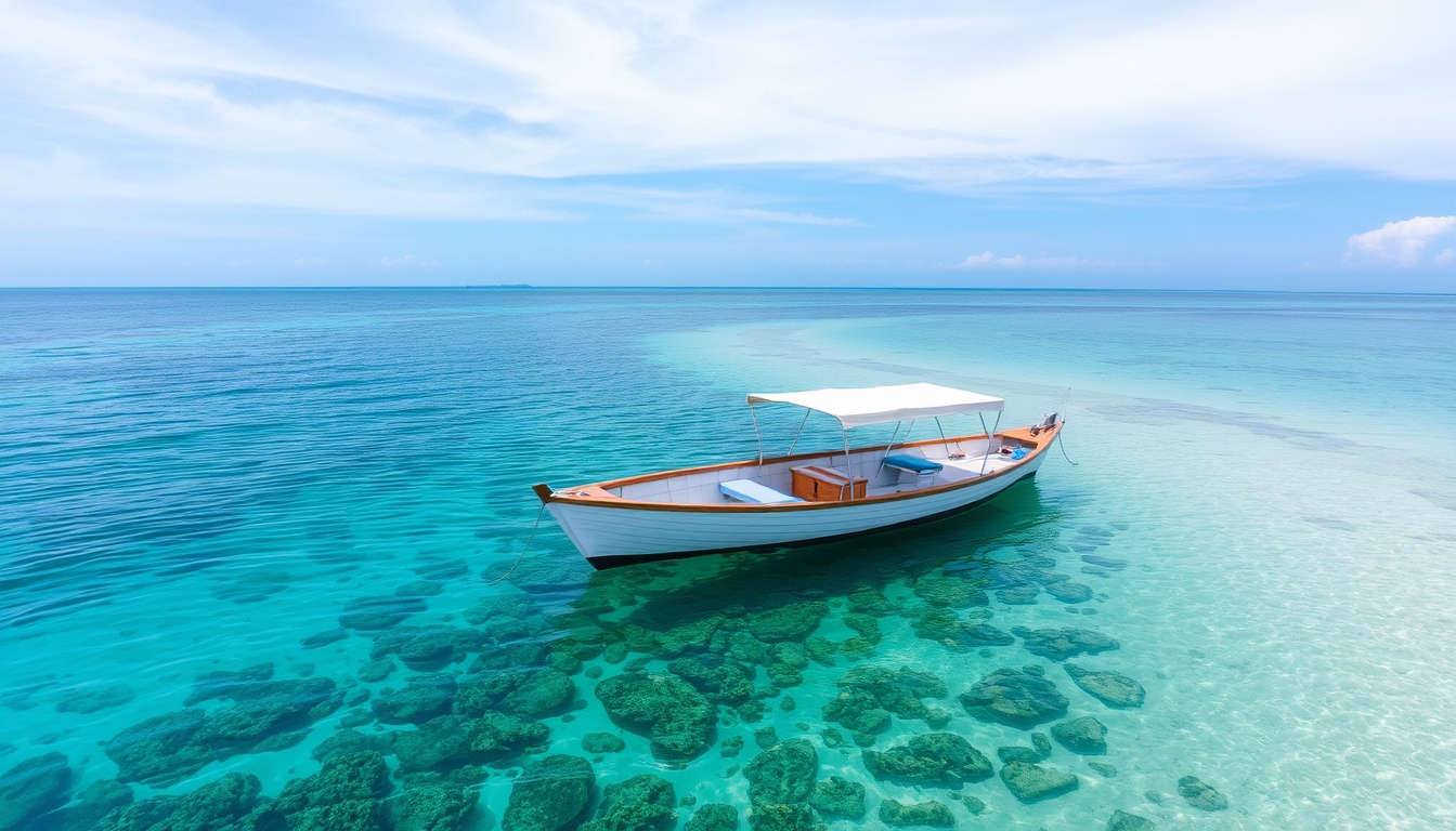 A tranquil beach with a glass-bottomed boat floating over a coral reef.