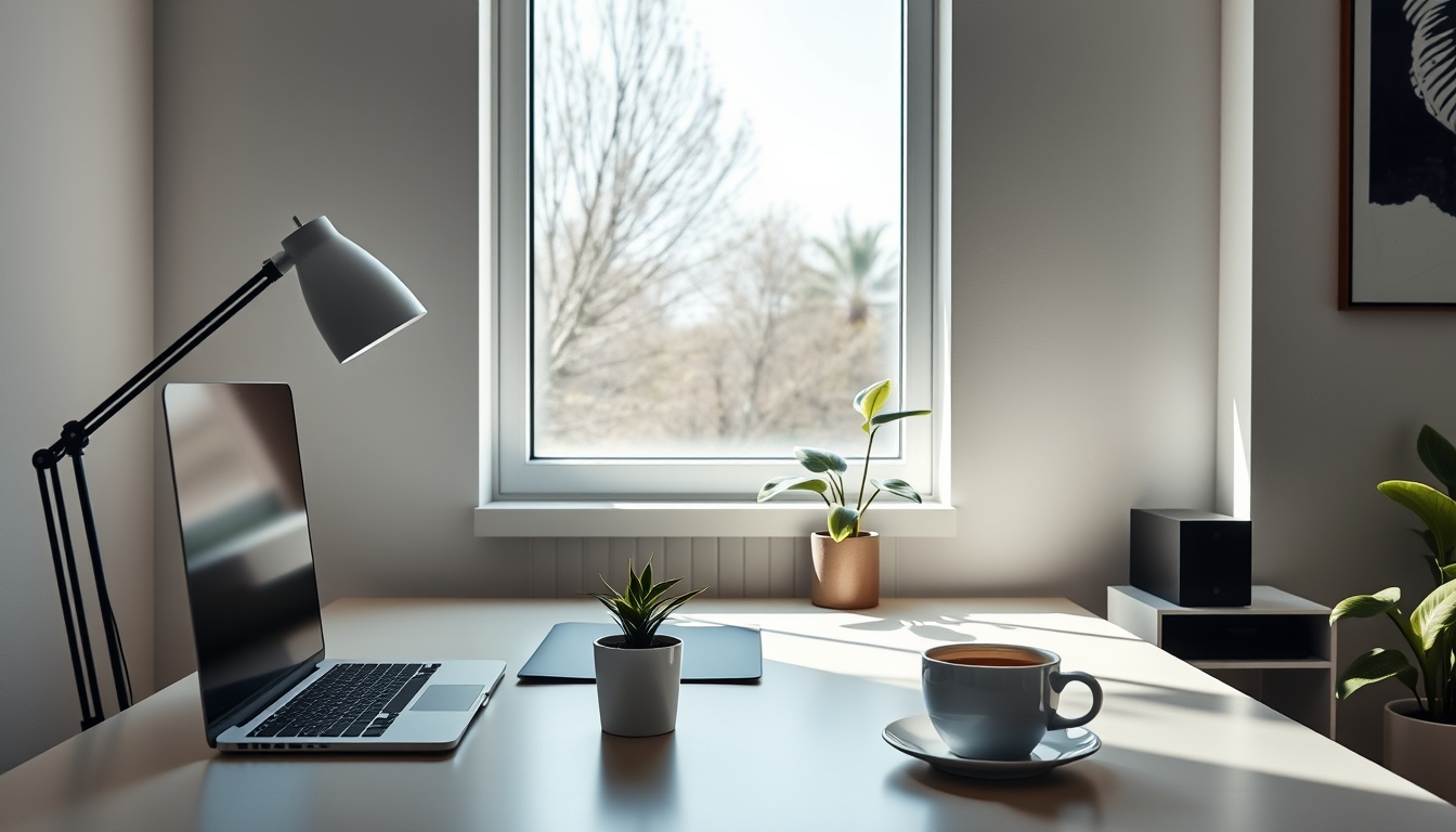 A sleek, modern home office setup bathed in natural light, with a single potted plant and a cup of coffee on the desk, emphasizing simplicity and productivity.