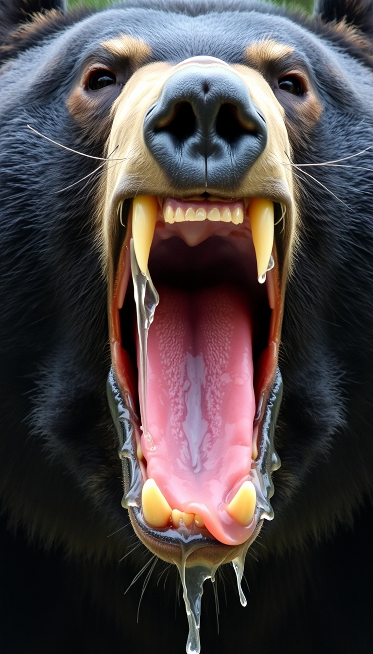 The black bear opened its mouth, which was very large, revealing sharp teeth. The teeth are very sharp, and the tongue is dripping with saliva, so much so that the entire mouth is filled with saliva, moistening the fur. The oral cavity can be seen with the veins, and there are two tongues.