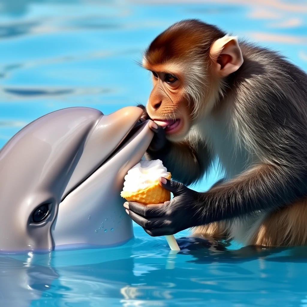 Monkey eats ice cream with dolphin. - Image