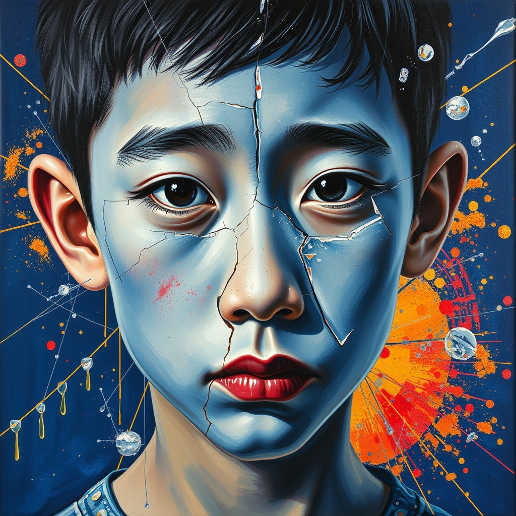 It's a Picasso-style oil painting, close up, an Asian boy with blue skin and a broken face, surrounded by glass breakage and gold lines in a dark blue background, a colorful explosion of the spillage of powder. - Image