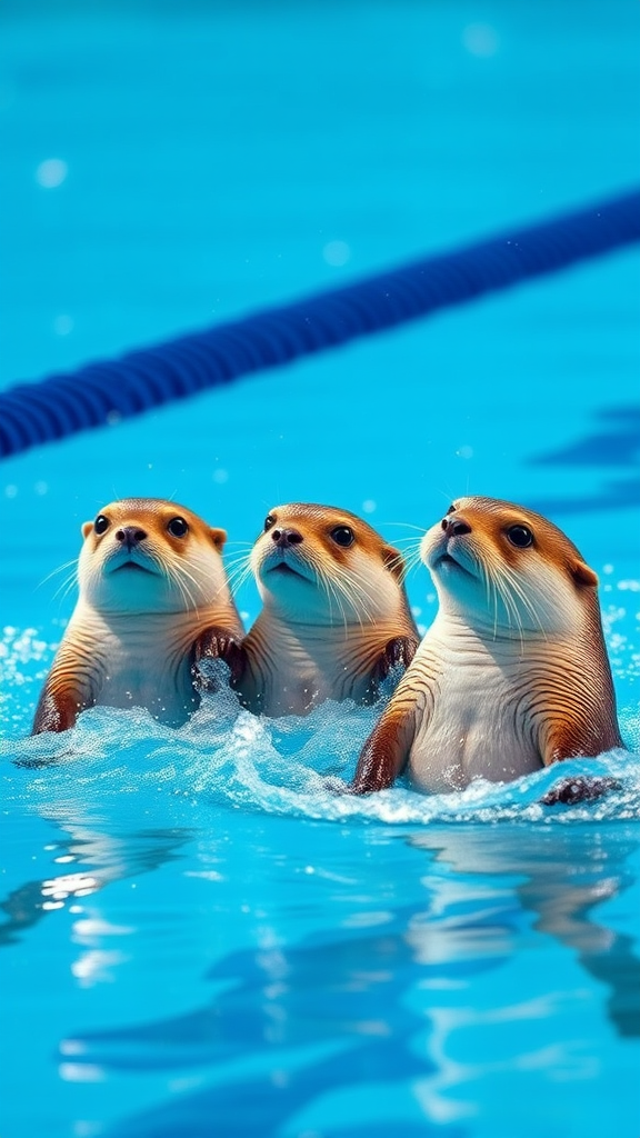 3 otters in swimming competition in Olympic swimming pool - Image