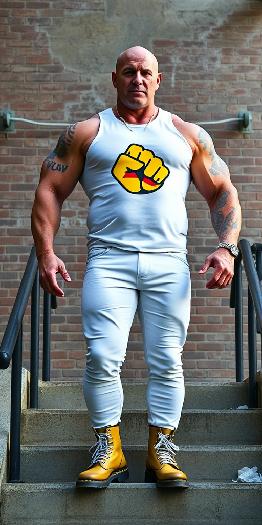 A towering, muscular 60-year-old skinhead bodybuilder stands confidently on concrete stairs, his gleaming bald head contrasting with his light skin. Clad in a striking white t-shirt with a logo of the rainbow gay flag in the shape of a fist, tattooed arms flex beneath the sleeveless fabric. Tight bleached denim trousers highlight his powerful legs, complemented by knee-high Dr. Martens boots with white laces. The rugged brick wall and metal handrails create an industrial backdrop, enhancing the imposing presence of this behemoth. - Image