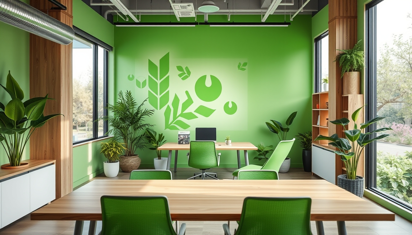 Green tech startup office with eco-friendly design, representing sustainable business. - Image