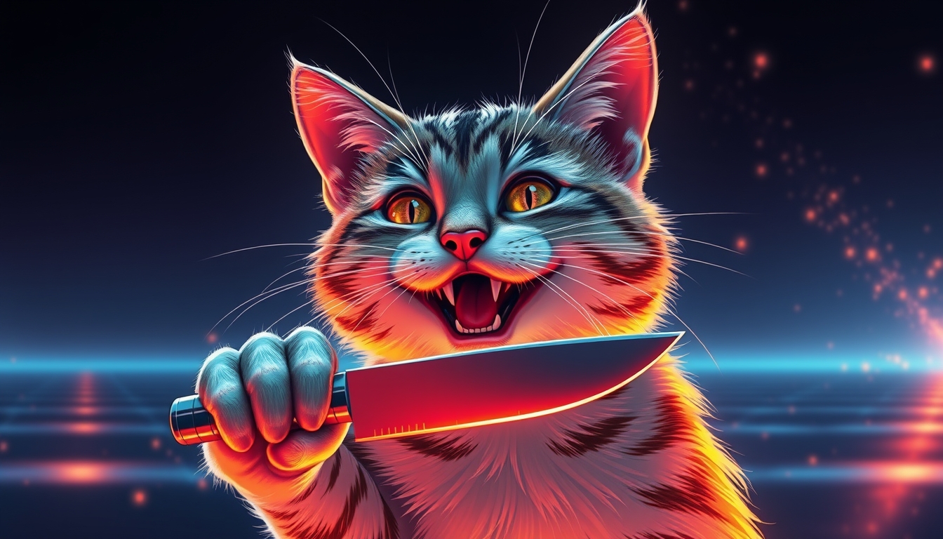 "I want a snack," action-packed grin smile cat with knife in hand, reflecting in glowneon edge, glowing, sparks horizon, detailed mirroring horizon reflecting polychromic space, straight lines, winning award digital art, high detailed. - Image