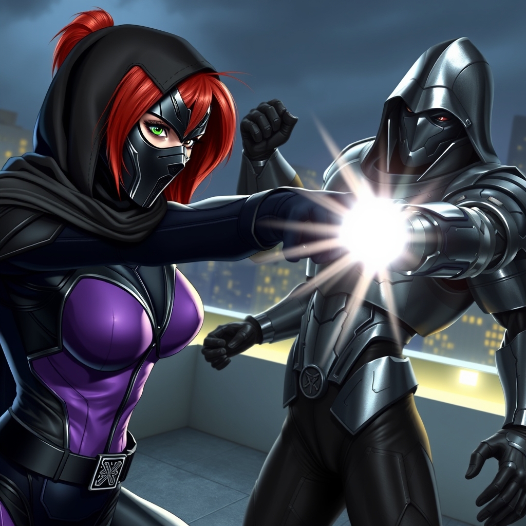 A female redhead with green eyes and a black metallic mask covering her face, dressed in black and purple futuristic spandex, is throwing a punch at a tall man in heavy metallic armor, wearing a black hood and cape, on a futuristic rooftop at night, depicted in a dynamic and realistic manner.