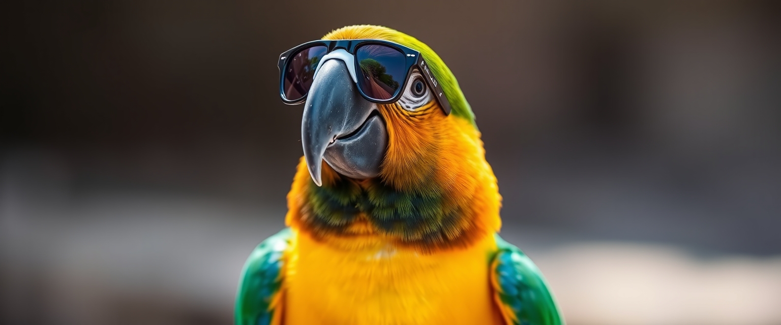 Parrot wearing sunglasses animal bird portrait.