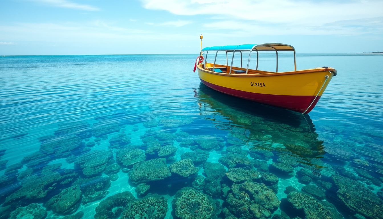 A tranquil beach with a glass-bottomed boat floating over a coral reef.