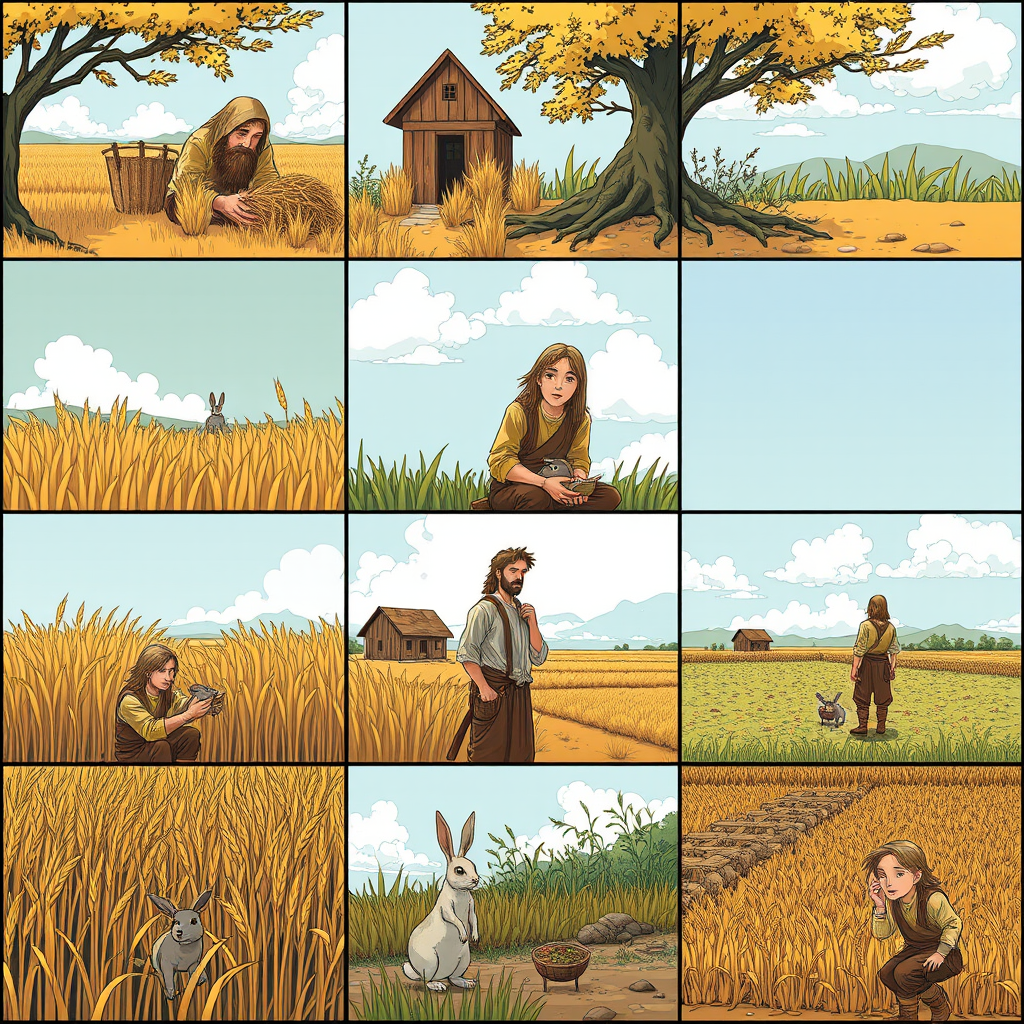 The image style is "cyberpunk," featuring an ancient farmer in a 3x3 grid. The characters in each scene will all use the same farmer, ensuring that the face shape and clothing remain consistent throughout. In the first panel, the farmer is harvesting wheat. In the second panel, the farmer is sitting under a tree, resting, as a rabbit rushes toward the tree. In the third panel, the farmer is holding a rabbit in his hand. In the fourth panel, the farmer is walking toward a house. In the fifth panel, the farmer sits under the tree. In the sixth panel, the farmer sighs while sitting under the tree. In the seventh panel, the farmer stares blankly at the sky. In the eighth panel, the crops have withered. In the ninth panel, the farmer is planting seeds in the field.