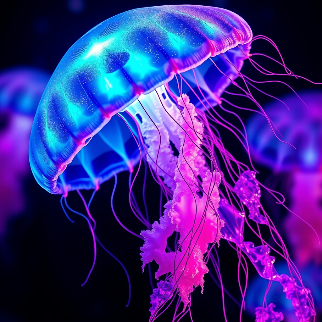 Jellyfish glowing, blue, pink, purple, 8k, stunning intricate details, by artgerm.