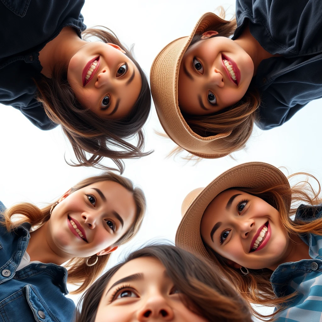 The image features a group of four young women, all looking down at the camera. They are all smiling, with some of them wearing hats. The women are positioned in east, west, north, south, four directions, with the top of one woman's head visible. - Image