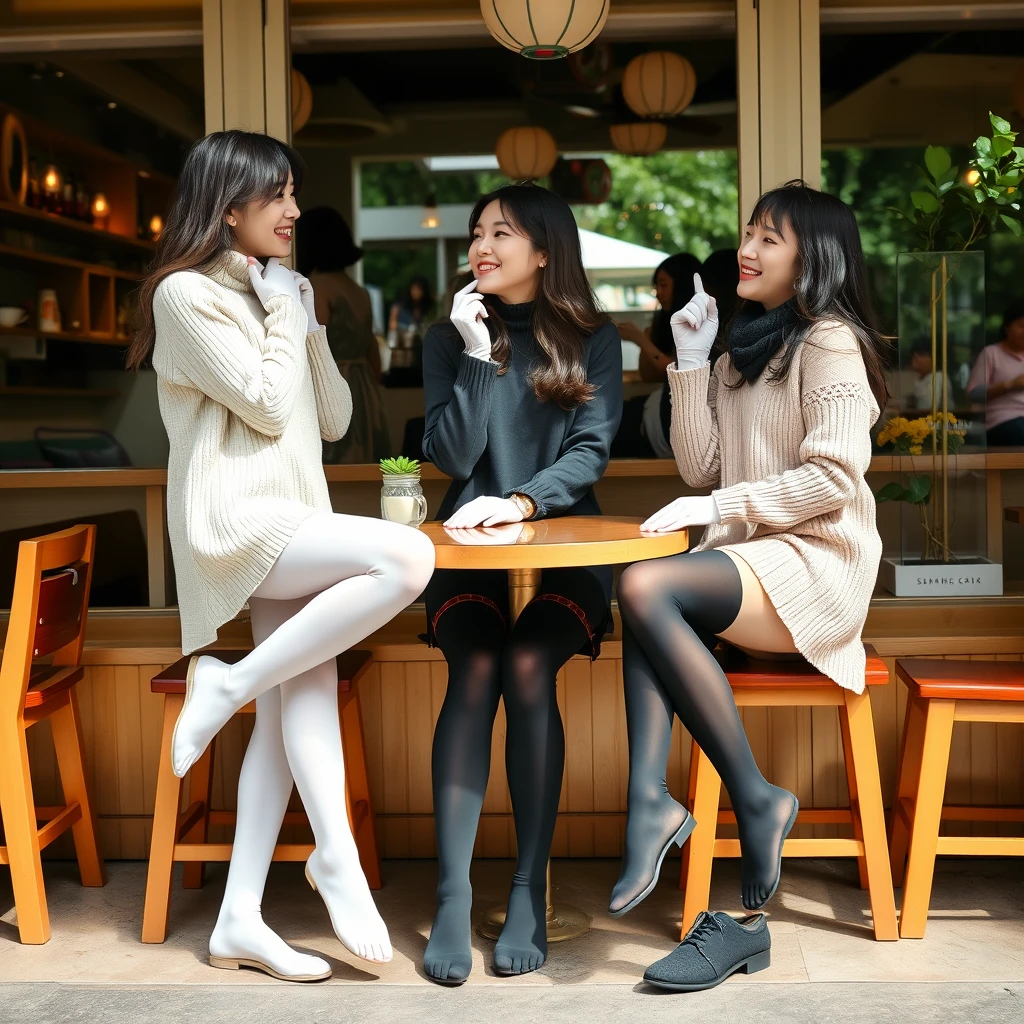 Three women wearing leggings and white and black stockings are facing each other, laughing and touching their feet, showing their tiptoes, and wearing thin gloves. They are touching their lips and are in a cozy café in the hot summer, in a real photo, Asian style.