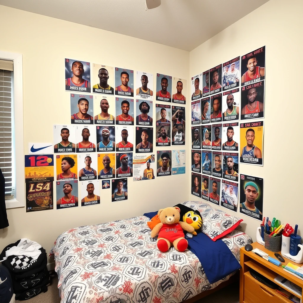 In a room, one wall is covered with many posters of NBA stars. The room is very spacious, with plush toys on the bed and some school supplies on the table.