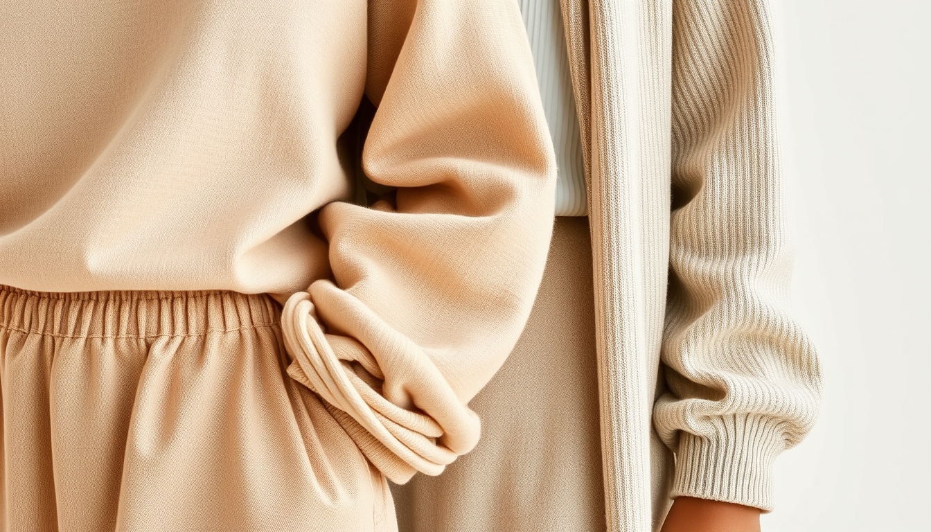 A close-up of eco-friendly clothing items, showcasing organic fabrics, neutral tones, and earthy textures, styled against a clean background.