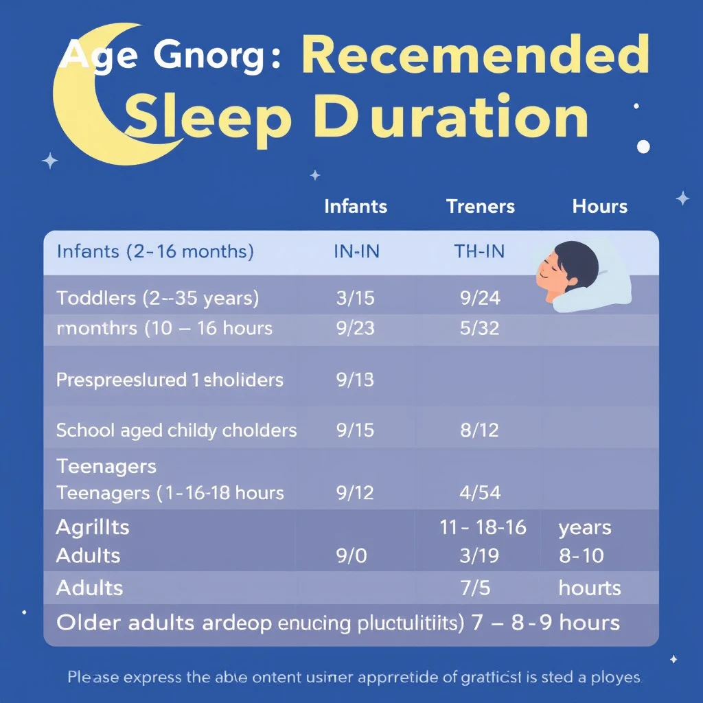 Age Group	Recommended Sleep Duration
Infants (3-11 months)	12 - 16 hours
Toddlers (12-35 months)	11 - 14 hours
Preschoolers (3-6 years)	10 - 13 hours
School-aged children (6-10 years)	9 - 12 hours
Teenagers (11-18 years)	8 - 10 hours
Adults (18-64 years)	7 - 9 hours
Older adults (65 years and above)	7 - 8 hours
Please express the above content using appropriate graphics and text. - Image