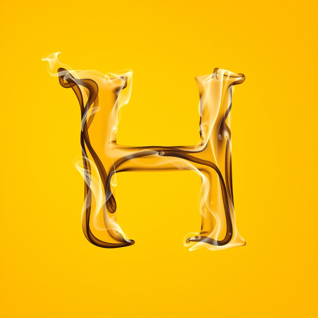 A letter "H" made of smoke, yellow background, realistic photograph.