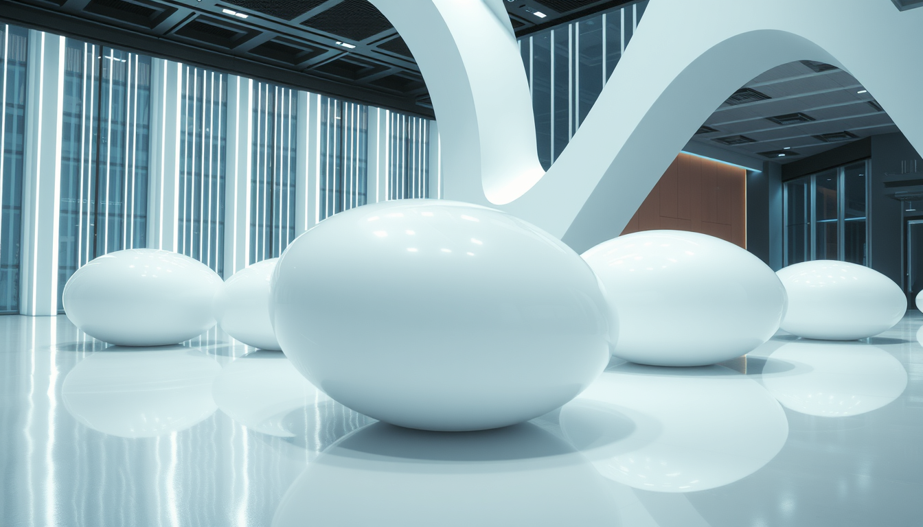 A futuristic and abstract architectural space lit with cool white lights and filled with several reflective, glossy white objects that resemble large, smooth capsules. These objects are positioned on a sleek, shiny floor that reflects their surfaces. In the background, there are large, white, vertically curved structural elements that are part of a modern architectural space. Enormous shiny white bubbles with reflective surfaces float lower here, close enough to interact with.