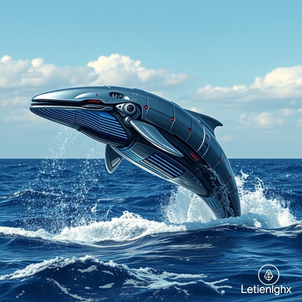 A cybernetic whale leaping dramatically above the ocean waves. The whale's body, an impressive fusion of organic and mechanical elements, gleams with sleek metal plating and intricate circuits and red LED lamps. Its skin features panels and glowing blue lines, hinting at advanced technology integrated into its form. Water sprays off its metallic surface as it breaches, reflecting the sunlight and adding a dynamic sparkle to the scene. Below, the ocean waves churn and splash, contrasting with the whale's futuristic design. The background showcases a clear sky with a few scattered clouds, further emphasizing the grandeur of this extraordinary moment where nature meets technology. - Image