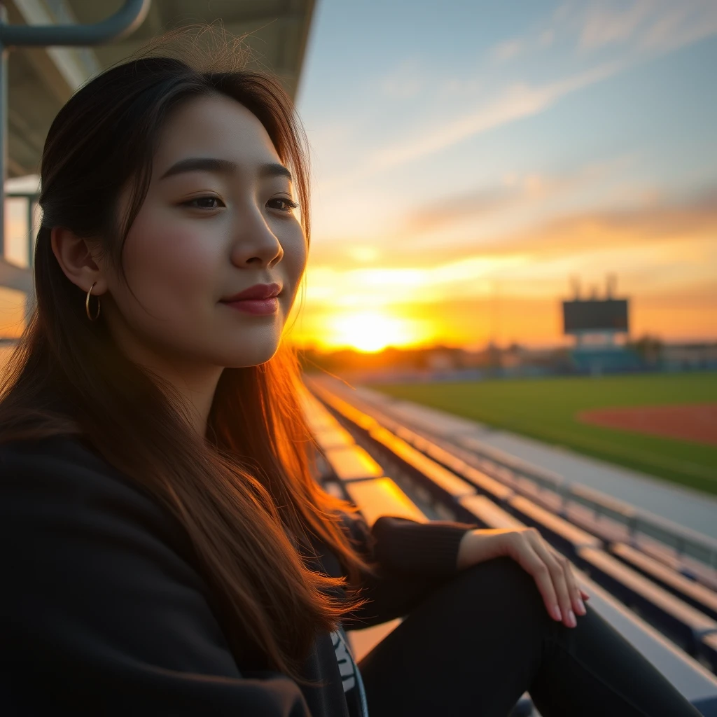 A close-up of a woman sitting on a bench in a stadium at sunset, peaceful expression on her face, 22-year-old girl, Korean idol. - Image