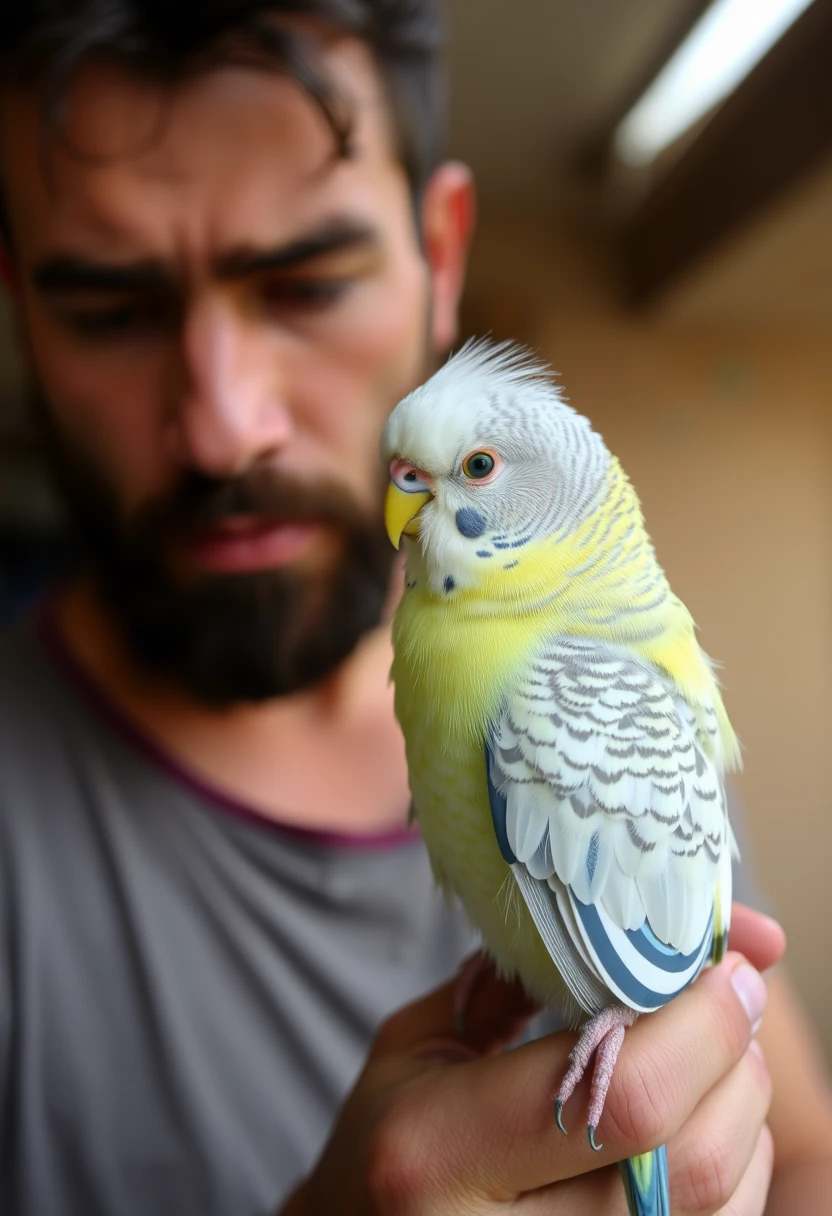 Low resolution photo of a man holding a budgie tightly and aggressively, low resolution, 480p, screenshot, low quality. - Image