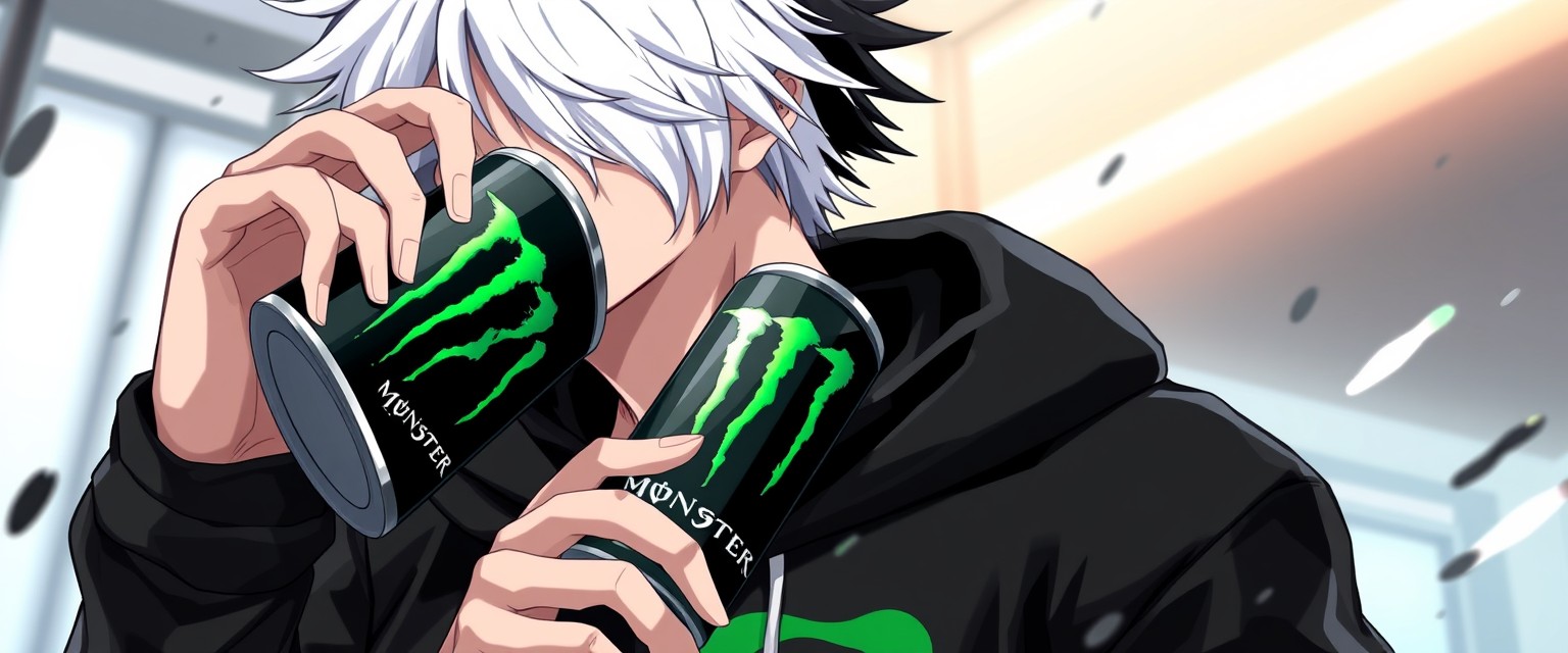 "Anime-type man with half white and half black hair wearing a black hoodie drinking Monster Energy."