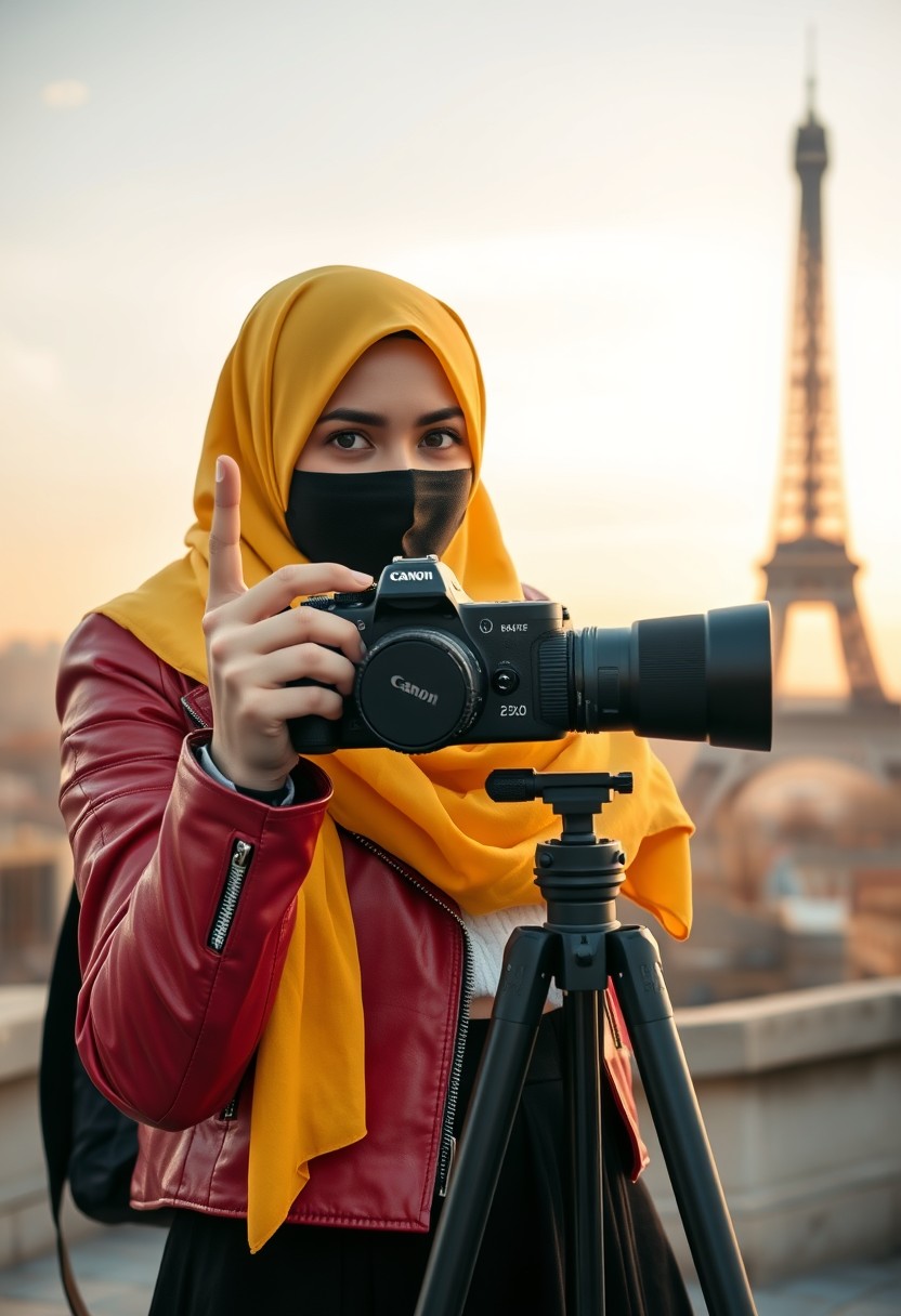 Biggest hijab yellow Muslim girl, beautiful eyes, face mask black, red leather jacket, black biggest skirt, camera DSLR CANON, tripod, taking photo Eiffel Tower, peace hand, sunrise, morning scenery, Eiffel Tower, hyper realistic, street photography. - Image