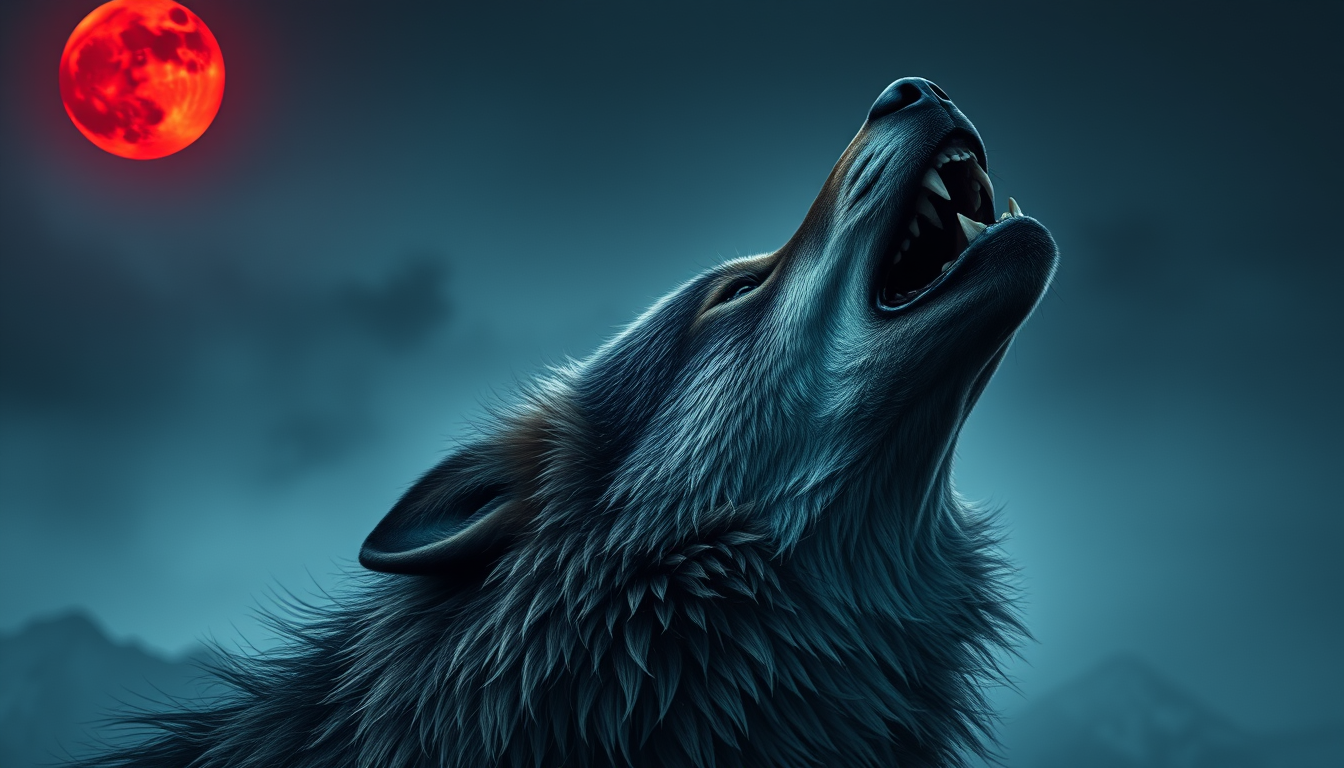 A horror style ultra-realistic photograph of a wild mountain wolf with sharp teeth howling at the bloody red moon.