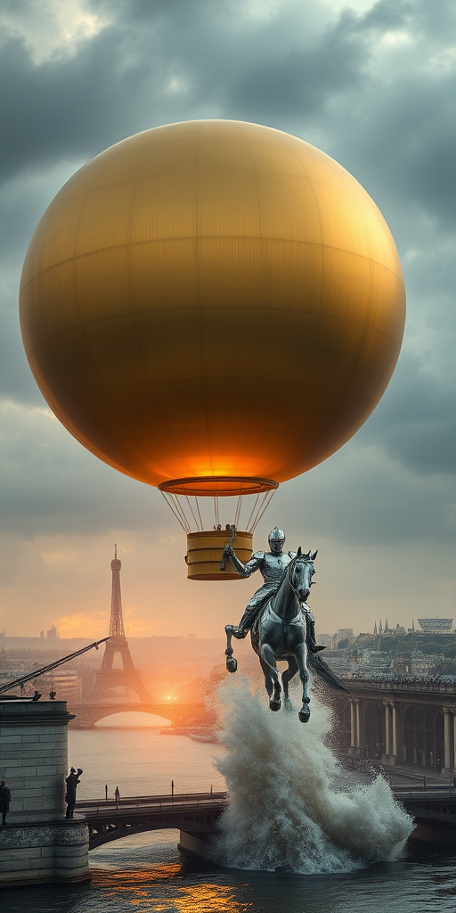 Giant perfect smooth gold sphere with a fiber texture flying above in the sky with a giant flame underneath to elevate the sphere like a hot air balloon, floating over vintage Paris in the style of the Universal Exposition of 1900, retro-futuristic aesthetic. Giant waves flood the city as a knight of the apocalypse rides a silver mechanical horse clad in silver armor, emerging proudly from the Seine, galloping and slicing through the water under a stormy sky, doomsday, apocalypse, steampunk, backlight, mist and fire embers, perspective pop rock fluorescent collage, sci-fi steampunk machinery, extra dust particle cloud, octane render, and paper art ink art Melies, Jules Verne. - Image