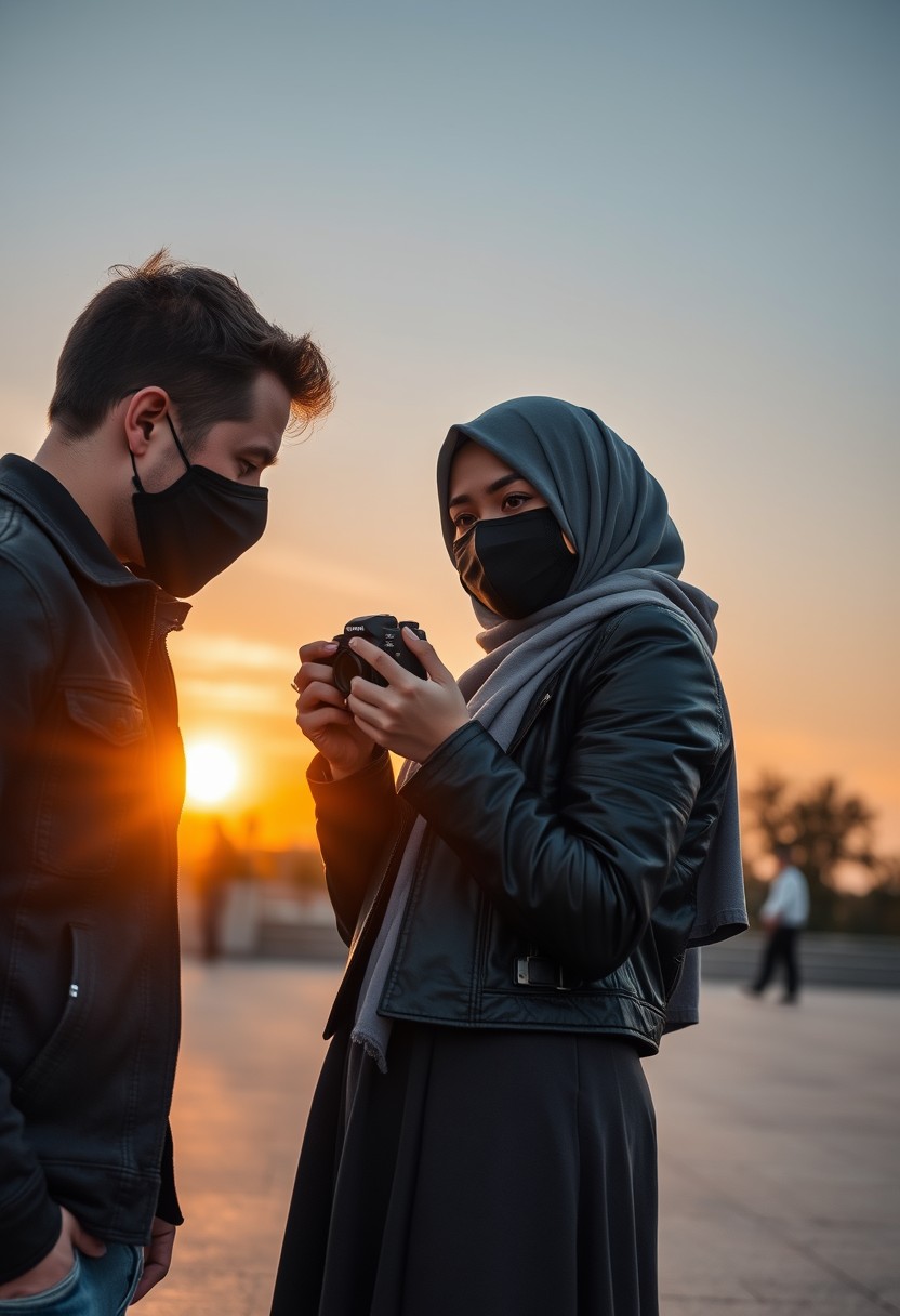 Jamie Dornan's head and body shot, handsome, black face mask, jeans jacket, jeans, dating, love couple, with the biggest grey hijab Muslim girl, black face mask, beautiful eyes, black leather jacket, biggest skirt, taking a picture, DSLR Canon camera, sunset, hyper-realistic, street photography.