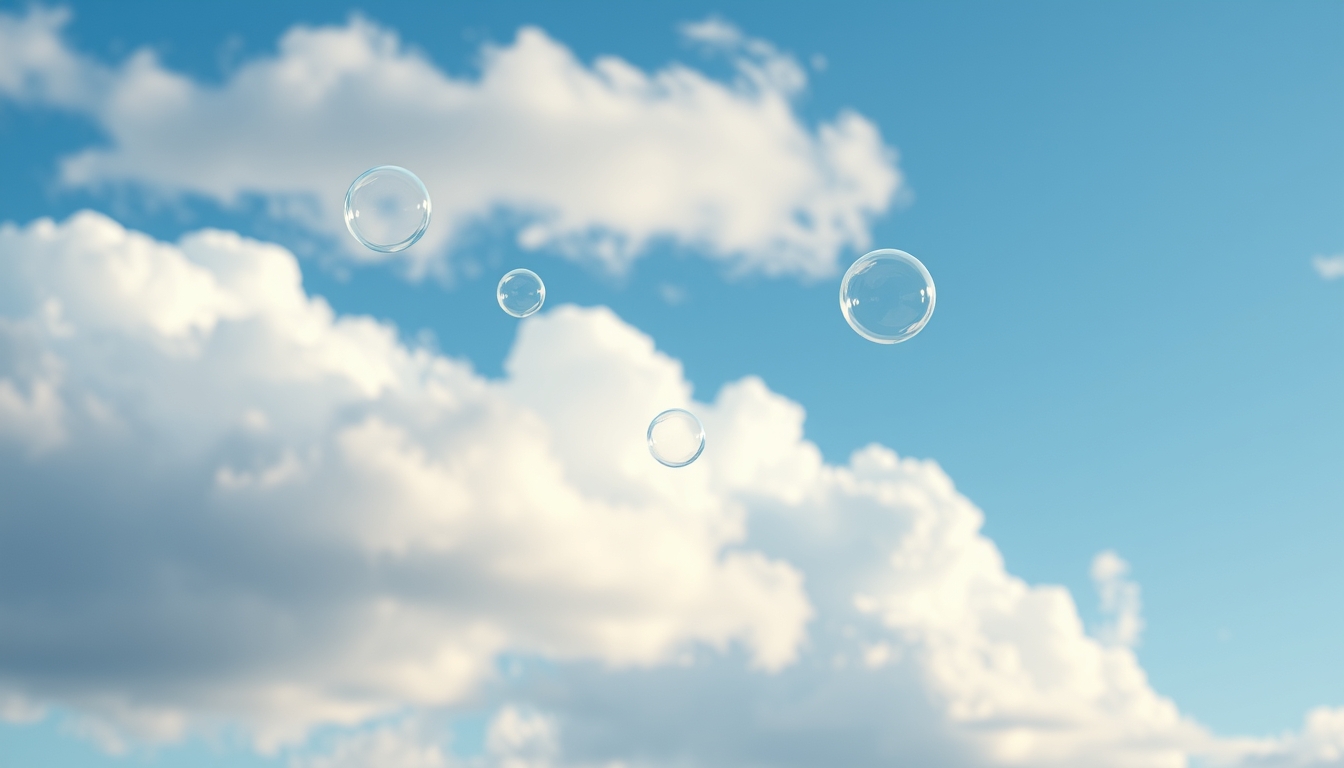 Soft bubbles floating in a blue sky with clouds, abstract nature-inspired wallpaper, high detail and vibrant. - Image