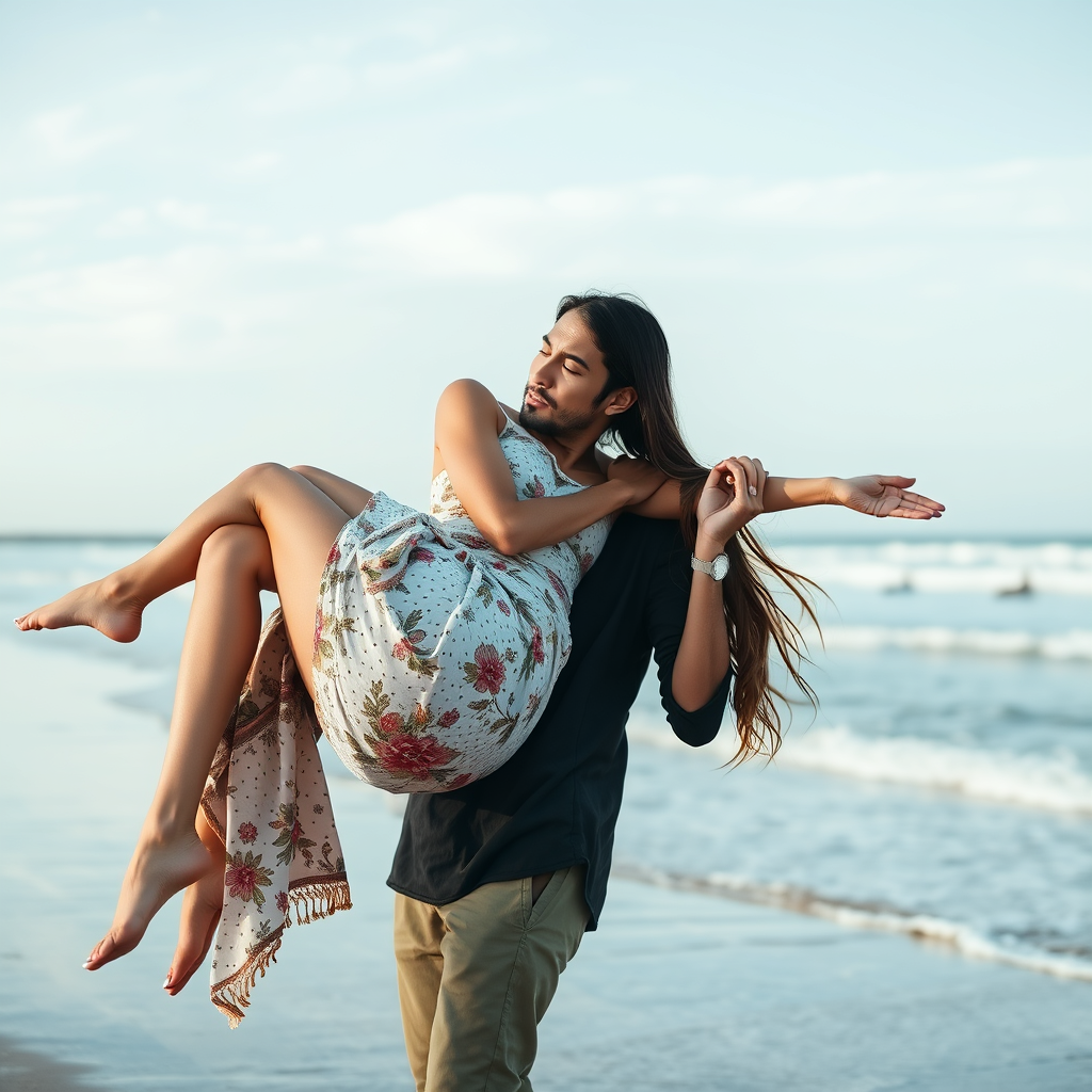 Handsome man lifting a woman in his arms at the beach. - Image