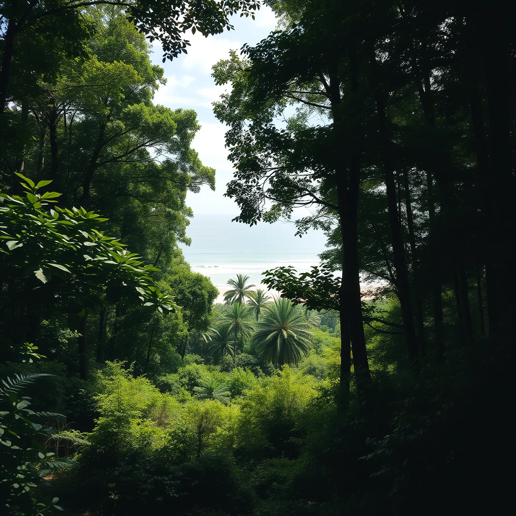 dense green forest with a clearing overlooking the beach and sea, dynamic shot