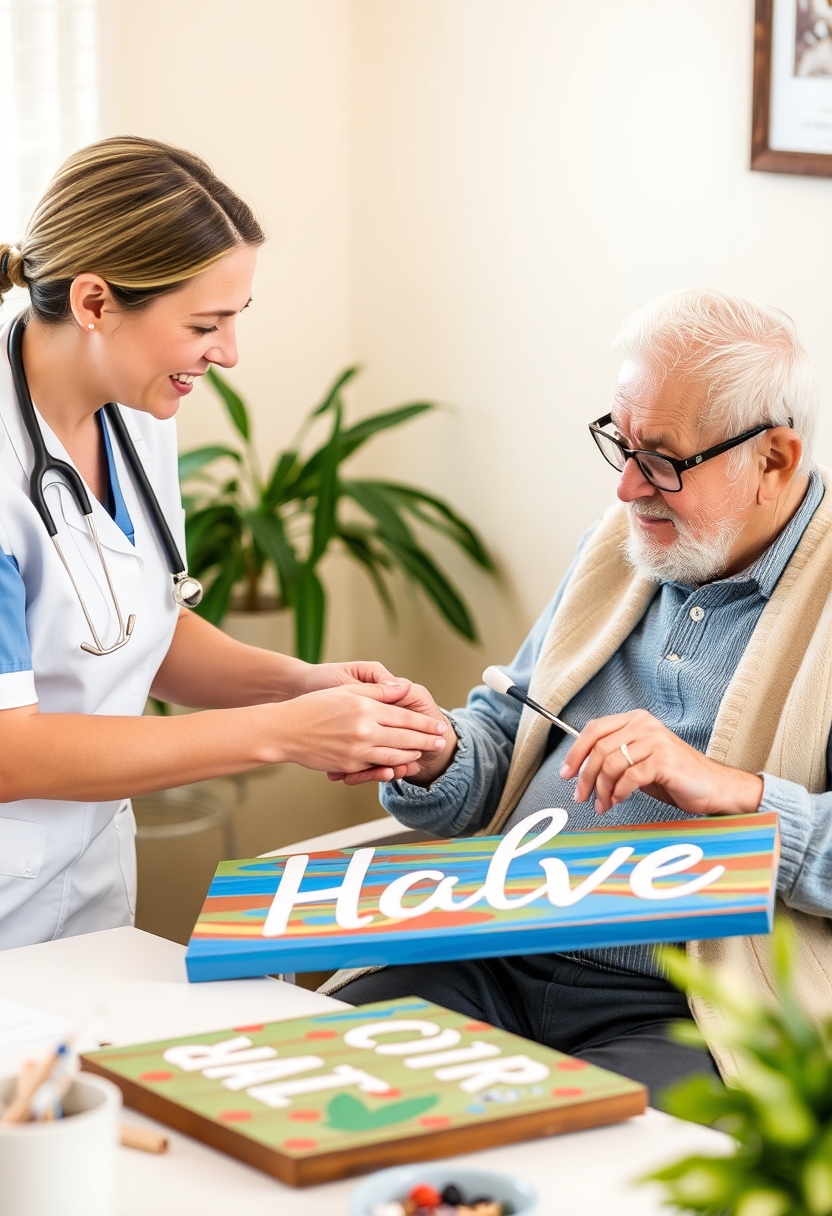 Nurse providing gentle encouragement to an elderly man as they create hand-painted wooden signs symbolizing the nurturing aspect of caregiving and creativity in a comforting environment. - Image