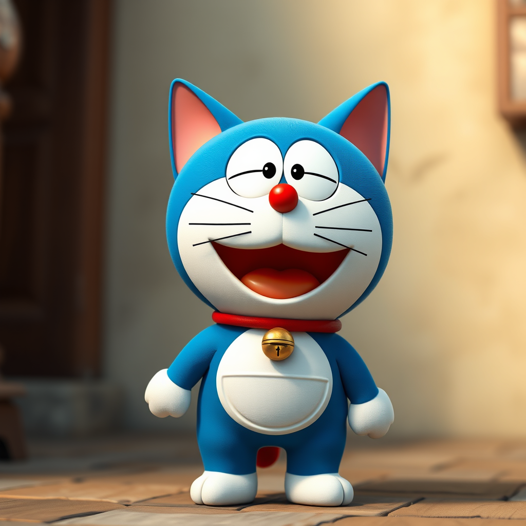 Pixar style, mouth open smiling Doraemon the cat, standing, hyper-realistic camera style, lifelike details, high-resolution texture, vivid colors, sharp focus, natural lighting, photorealistic quality, cinematic depth of field, true-to-life portrayal, full body, doraemon2 style, no ears.